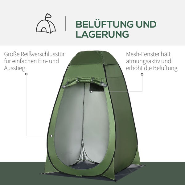 Grünes Pop-up-Zelt mit großer Reißverschlusstür für einfachen Ein- und Ausstieg sowie Mesh-Fenster für Belüftung und Lagerung.