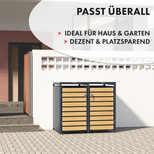 FLOORDIREKT Mülltonnenbox Johan Edelstahlrahmen und Holzdekor 132 x 80 x 116 cm - 2 Türen