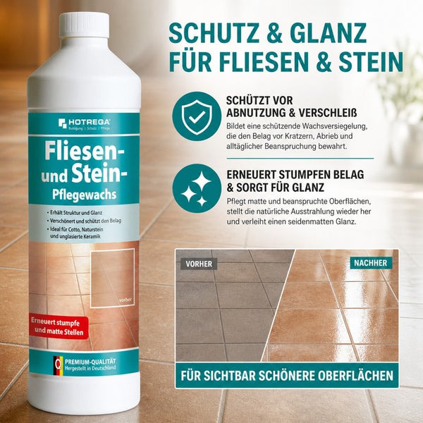 Hotrega Fliesen- und Stein-Pflegewachs zur Schutzversiegelung und Glanzauffrischung von Fliesen, Naturstein, Cotto und unglasierter Keramik.