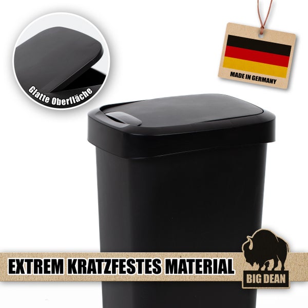 Schwarzer Abfallbehälter mit Deckel und dem Hinweis Made in Germany sowie extrem kratzfestes Material