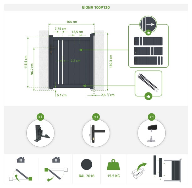 Pack-Schwingtor 3x1,2m GIONA + GIONA-Tor H.1,2m grau