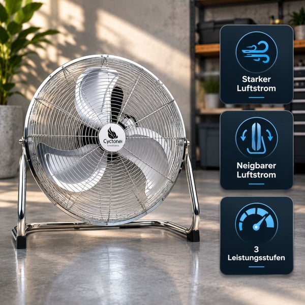 Bodenventilator aus Metall, starker und neigbarer Luftstrom, drei Leistungsstufen, Cyctonei creations Logo.
