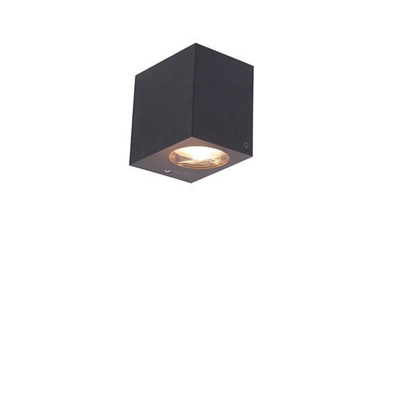 Quadratische Außenwandleuchte aus Metall in Anthrazit mit Lichtaustritt nach unten.