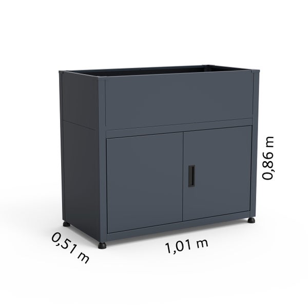 Hochbeet aus Metall mit integriertem Unterschrank, Abmessungen 1,01 Meter mal 0,51 Meter mal 0,86 Meter.