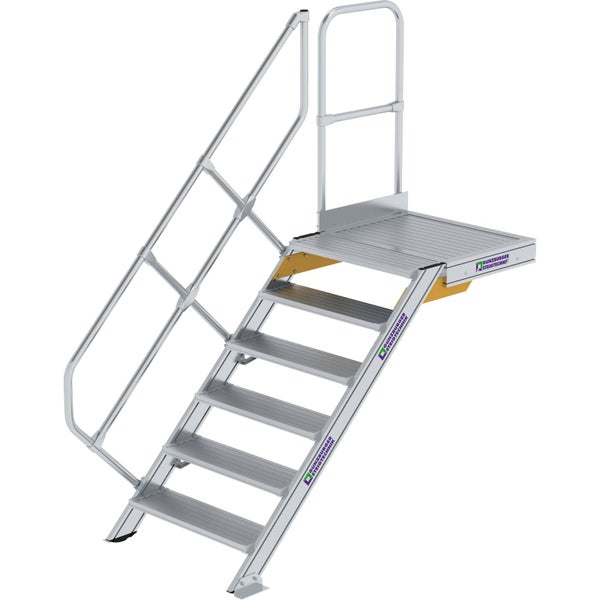Stationäre Plattformtreppe aus Aluminium mit sechs Stufen inklusive Plattform, einseitigem Handlauf und Plattformgeländer.