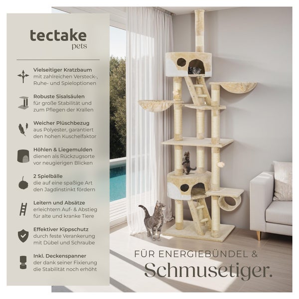 Kratzbaum tectake Hansi inklusive 2 Treppen, 2 Spielbällen, Deckenspanner und Kippschutz 243 bis 260 cm beige/weiß