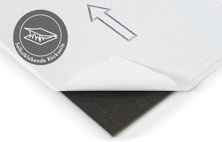 Selbstklebende Rückseite mit teilweise abgezogener Schutzfolie.