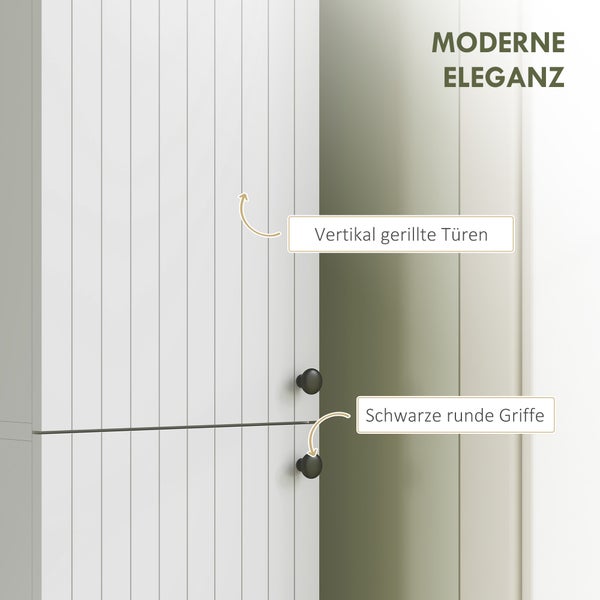 Detailansicht eines Schranks mit vertikal gerillten Türen und schwarzen runden Griffen.