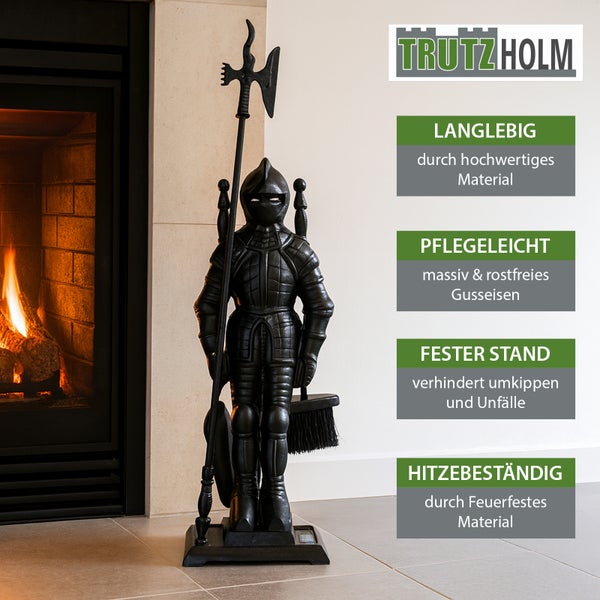 Kamingarnitur im Ritterdesign mit Schaufel, Besen, Schürhaken und Zange