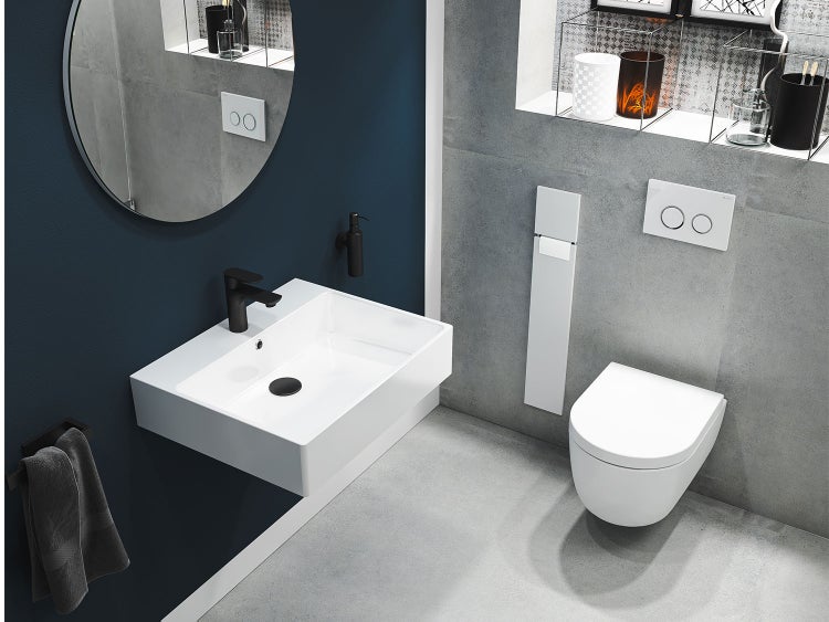 Aqua Bagno Solo Waschtisch 60x50 cm Weiß Hochglanz – Keramik Waschbecken mit Hahnloch & Überlauf, Wandmontage | Modernes Bad