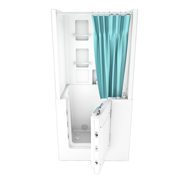 Barrierefreie Sitzbadewanne mit Duschtür, Duschvorhang, Haltegriffen und integrierten Ablagefächern.