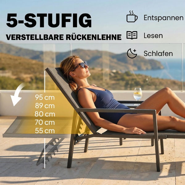 Gartenliege mit 5-stufig verstellbarer Rückenlehne, Höhen von 55 bis 95 Zentimeter, geeignet zum Entspannen, Lesen und Schlafen.