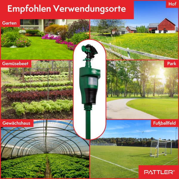 PATTLER® Wasserstrahl Tiervertreiber I Katzenschreck, Vogelabwehr, Reiherschreck für Garten | PIR-Bewegungsmelder I Reichweite bis zu 10 m I Vogelschreck, Katzenabwehr, Hundeabwehr