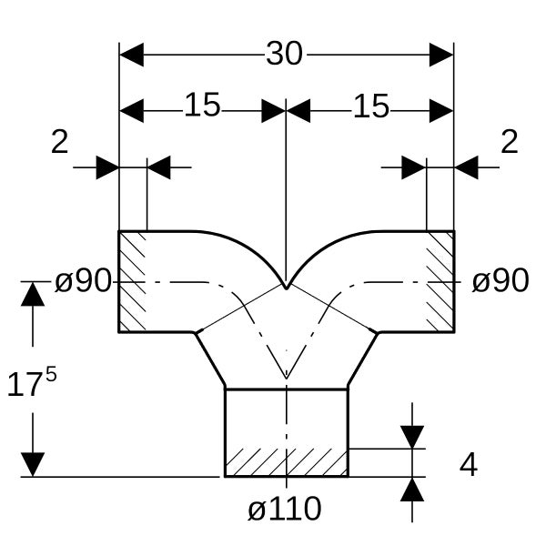 Technische Zeichnung eines T-Stück-Rohrfittings mit den Maßen: Durchmesser 90, Durchmesser 110, Breite 30 und Höhe 17,5.