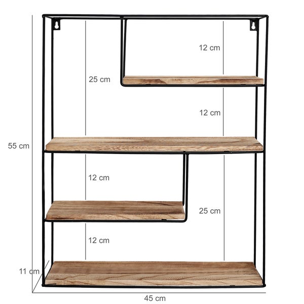 Wandregal aus Metall mit Holzböden, 55 cm hoch und 45 cm breit, mit Maßangaben zur Anordnung der Regalebenen.