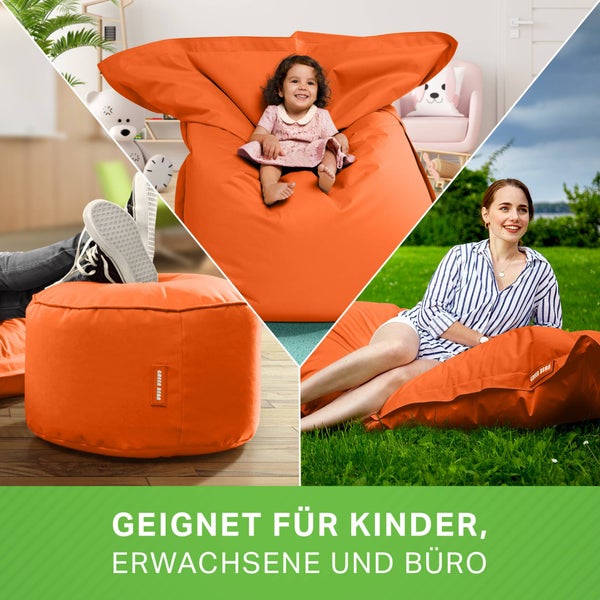 Green Bean 2er Set XXL Sitzsack inkl. Pouf fertig befüllt mit EPS-Perlen - Riesensitzsack 140x180 Lounge Sitz-Kissen Bean-Bag Chair  - Orange