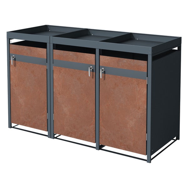 ML-Design Mülltonnenbox 3er mit Pflanzdach für 3 Tonnen, 240L, 200x80x124 cm, Rost-Optik, Stahl, wetterfest, Abschließbare Mülltonnenverkleidung mit Tür, Müllbox Mülltonnecontainer Mülltonnenabdeckung