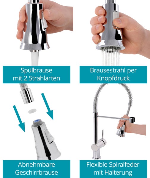 Küchenarmatur mit zwei Strahlarten per Knopfdruck, abnehmbarer Geschirrbrause und flexibler Spiralfeder mit Halterung.