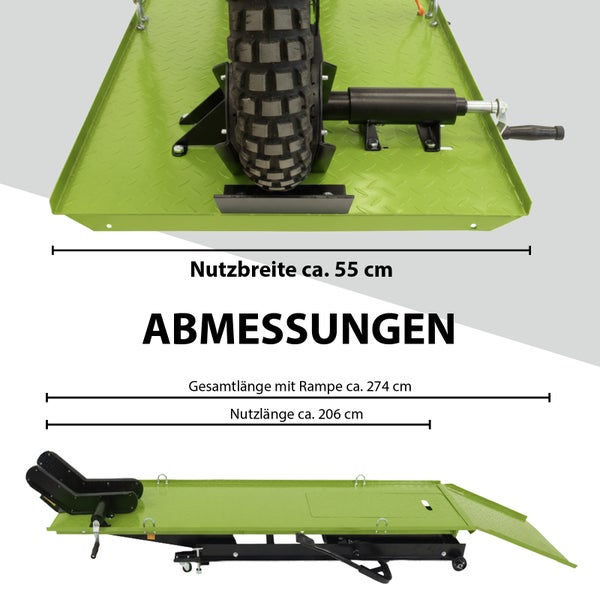Abmessungen einer Motorradhebebühne mit einer Nutzbreite von circa 55 cm, einer Gesamtlänge mit Rampe von circa 274 cm und einer Nutzlänge von circa 206 cm.