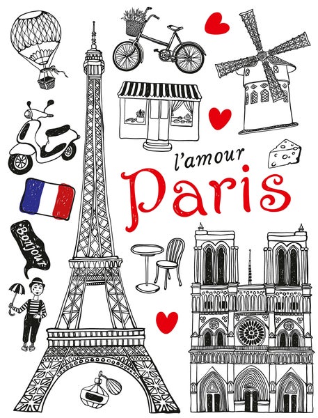 Illustration mit Pariser Symbolen: Eiffelturm, Notre-Dame, Windmühle, Heißluftballon, Fahrrad und Roller.