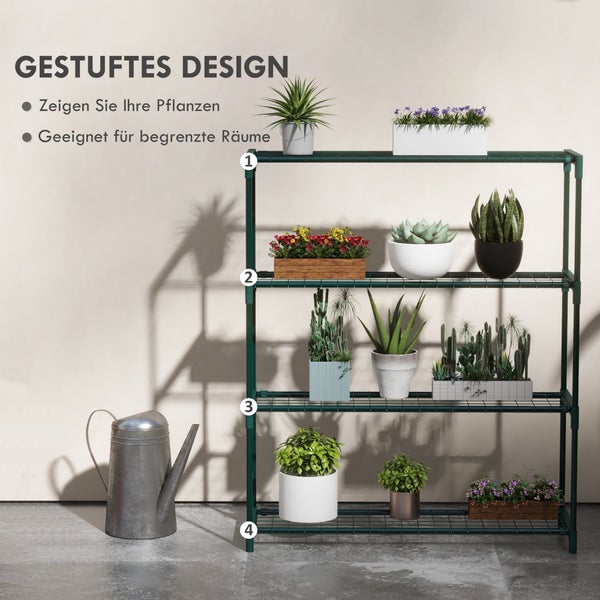 Drei Etagen Pflanzenregal mit verschiedenen Pflanzen in Töpfen und Behältern, Gießkanne.