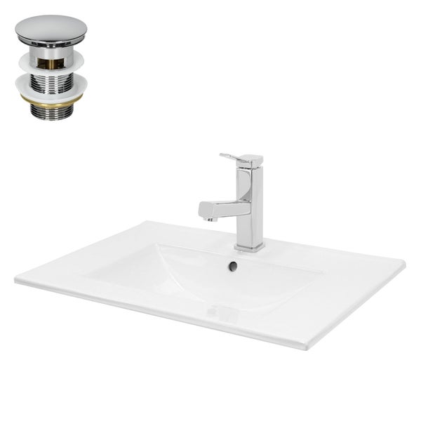 ECD Germany Waschbecken Waschtisch 710x465x175mm Keramik Eckig Weiß + Wasserhahn ausziehbare Brause Standard Chrom + Ablaufgarnitur Pop-Up Ventil Chrom, Aufsatzwaschbecken Aufsatzwaschtisch Waschplatz