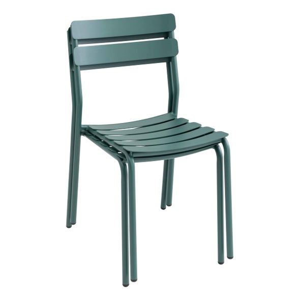Grüner Gartenstuhl aus Metall mit Lamellensitz und Rückenlehne, Oviala Logo, Rückansicht.