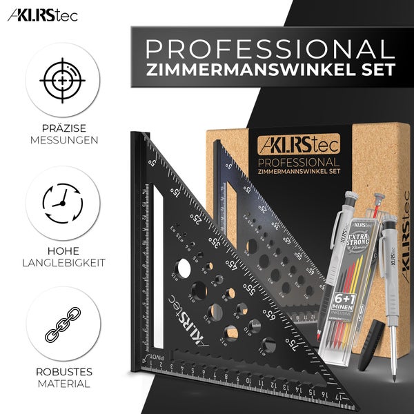 KLRStec Professional Zimmermannswinkel Set – Hochwertiges Tischlerwinkel Set inkl. Tieflochmarker [+Minen] Metall Messwinkel Werkzeug-Set