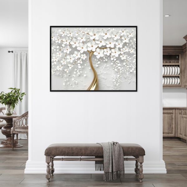 Wandbild mit Motiv eines stilisierten Baumes mit weißen Blüten und goldenem Stamm in einem modernen Wohnraum mit einer gepolsterten Bank.