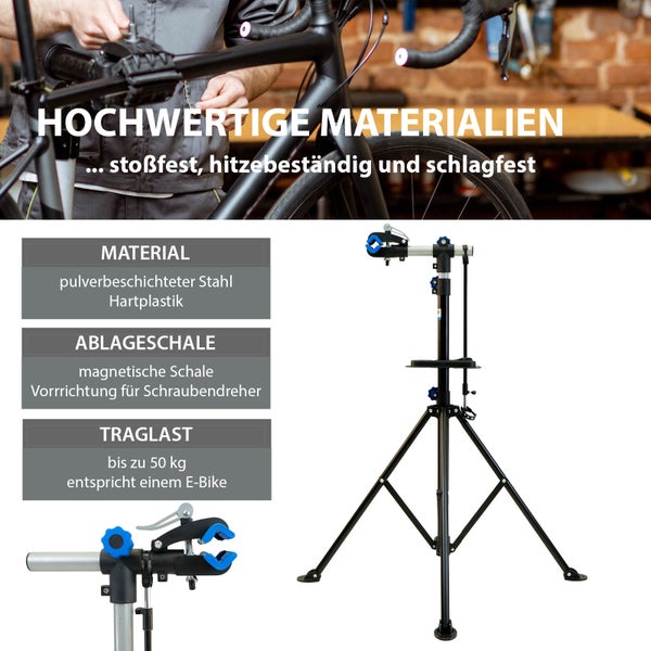 Montageständer für Fahrräder aus pulverbeschichtetem Stahl und Hartplastik mit magnetischer Ablageschale und 50 Kilogramm Traglast.