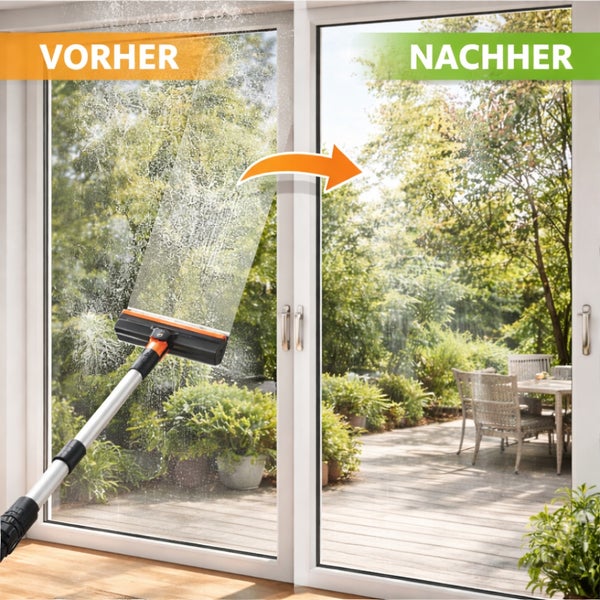 Vorher-Nachher-Vergleich einer gereinigten Terrassentür mit Fensterwischer