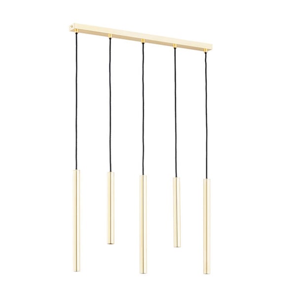 Moderne Pendelleuchte mit fünf zylindrischen Leuchtkörpern in Metall an einer Deckenleiste.