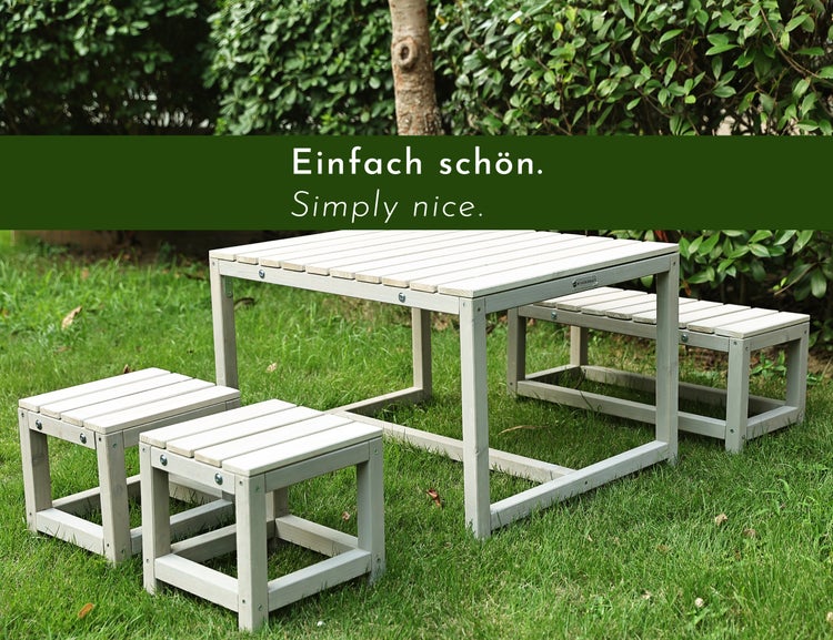 WONDERMAKE® Design Kindersitzgruppe Outdoor Garten Holz mit Abdeckung, Kinder-Sitzgarnitur Indoor Picknick-Gruppe ab 3 Jahre, beige grau