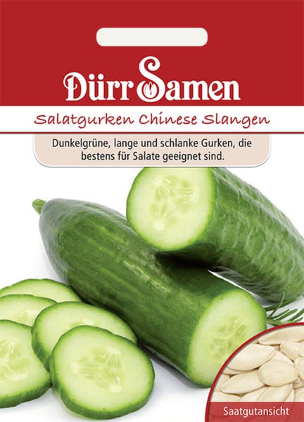 Dürr Samen Logo. Samentüte für Salatgurken Chinese Slangen mit Abbildung von Gurken, Gurkenscheiben und einer Nahaufnahme der Samen.