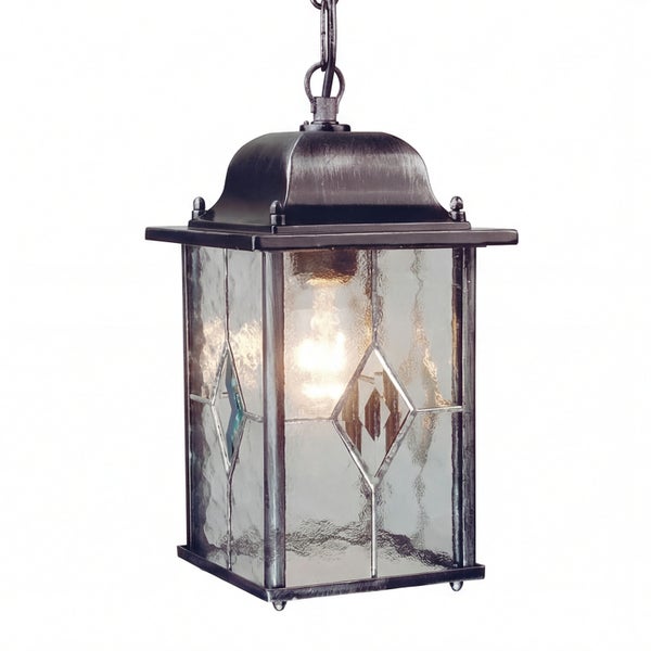 Hängeleuchte aus Metall und Glas im Laternenstil
