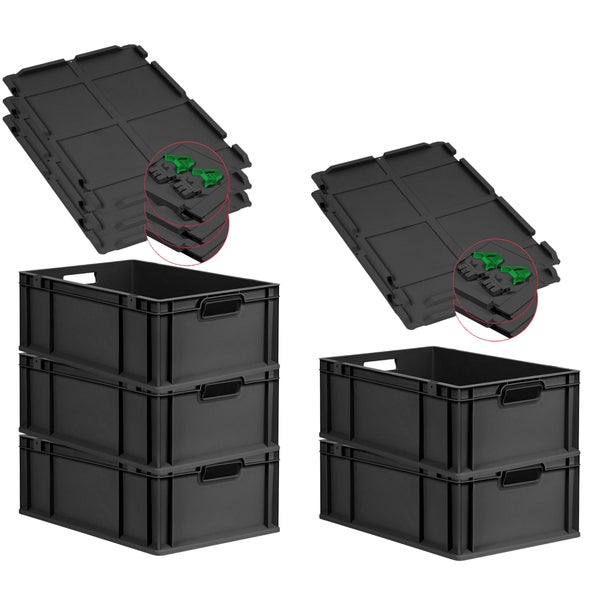 PROREGAL SuperSparSet 5x Eurobox NextGen Grip mit Scharnierdeckel und grünen Schiebeschnappverschlüssen, HxBxT 22x40x60cm, 44 Liter, Schwarz, Griffe offen, Verstärkter Boden, Eurobehälter, Transportbox, Transportbehälter, Stapelbehälter