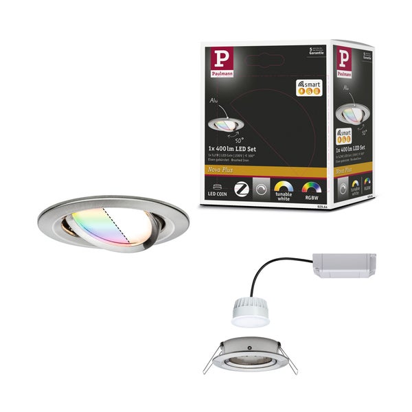 Paulmann LED-Einbaustrahler-Set Nova Plus aus Eisen gebürstet, smartes RGBW und Tunable White, schwenkbar, inklusive Einzelteilen und Paulmann Logo.