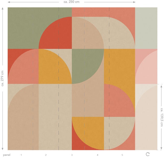 Tapetenmuster mit geometrischen Formen, circa 250 cm breit und 279 cm hoch.