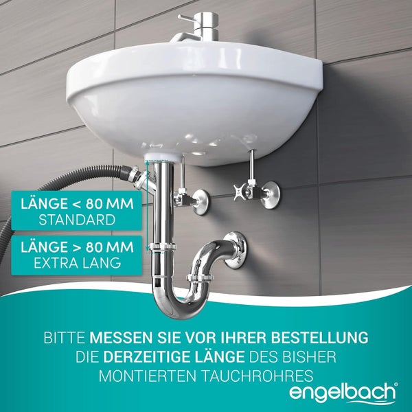 Engelbach® Siphon für Waschbecken - Extra Lang 200mm mit Geräteanschluss -  1 1/4 inkl. Gummimanschette mit Montage-Video - Schwarz