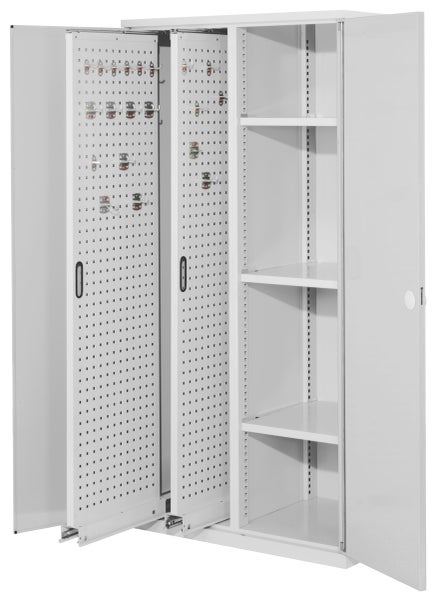 Werkstattschrank mit Lochblechtüren und Regalböden
