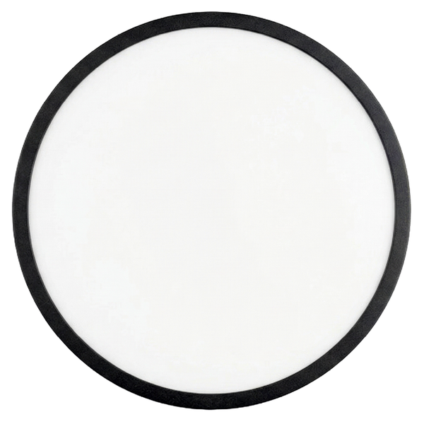 Runde LED-Deckenleuchte mit schmalem schwarzem Rand und weißer Kunststoffoberfläche.