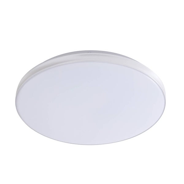Flache runde LED Deckenleuchte aus Kunststoff in Weiß.