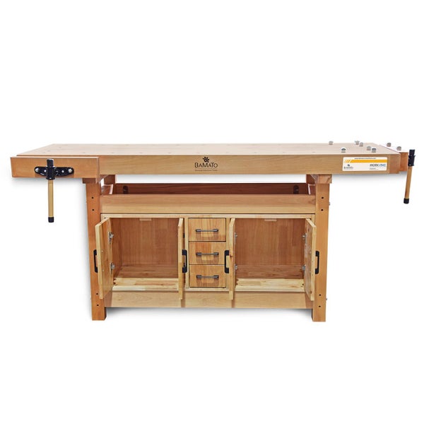 Werkbank aus Holz mit Schubladen und Schrankfächern