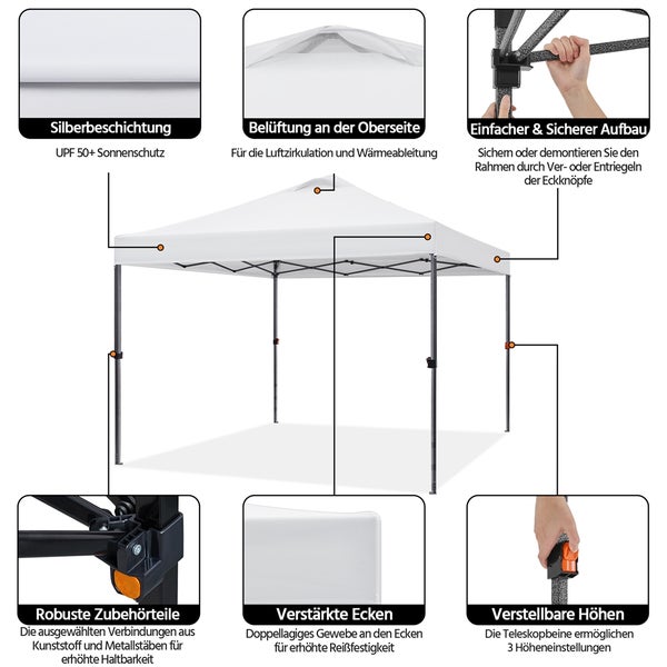 Weißes Faltzelt mit Silberbeschichtung, Belüftung, robusten Zubehörteilen, verstärkten Ecken und verstellbarer Höhe