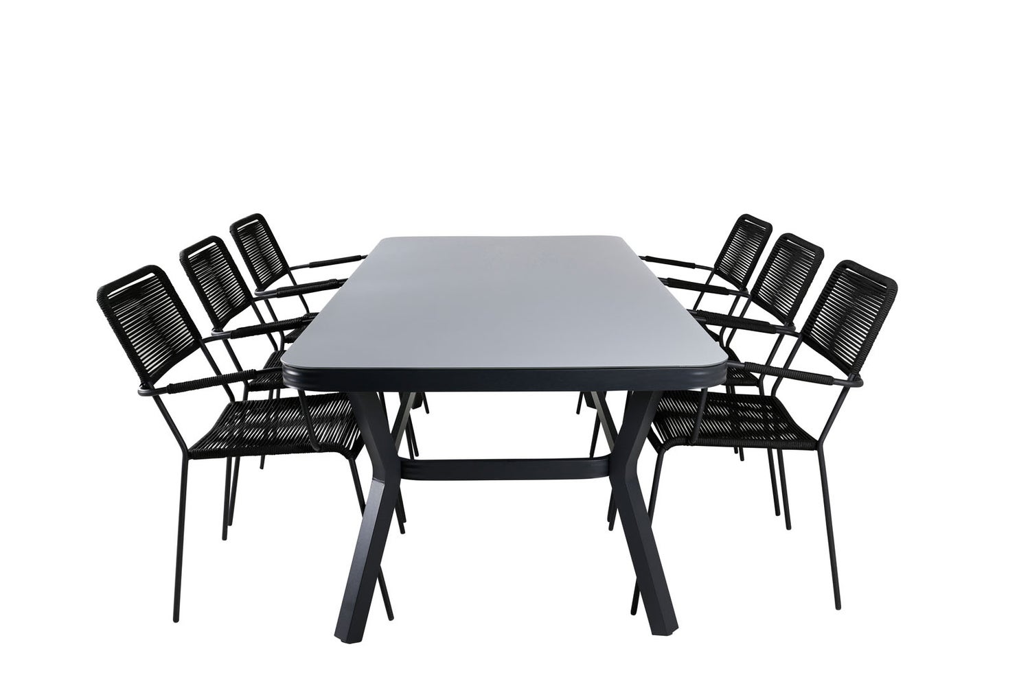 Virya Gartenset Tisch 100x200cm und 6 Stühle ArmlehneS Lindos schwarz, grau.