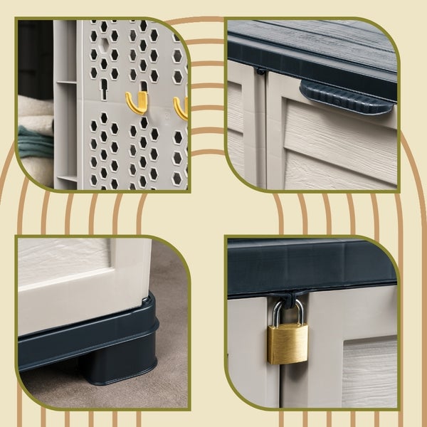 Detailansichten eines Geräteschranks mit Haken, Griff, Füßen und Vorhängeschloss.