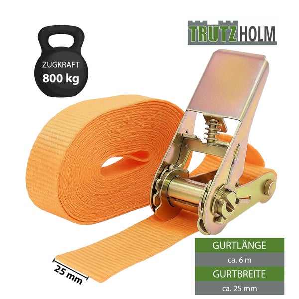Spanngurt mit einer Zugkraft von 800 Kilogramm, einer Gurtlänge von circa 6 Metern und einer Gurtbreite von circa 25 Millimetern von TrutzHolm