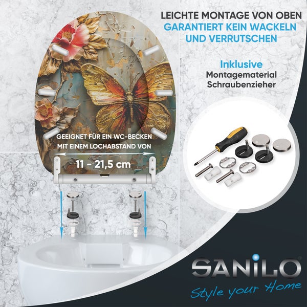 Toilettensitz mit Schmetterlingsmotiv inklusive Befestigungsmaterial zur einfachen Montage von oben bei einem Lochabstand von 11 bis 21,5 Zentimeter.