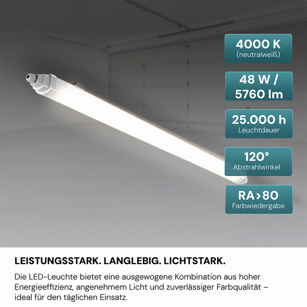 LUXULA LED Feuchtraumleuchte 150cm 48W 5760lm 4000K Neutralweiß IP65 IK06 Durchschleifbar
