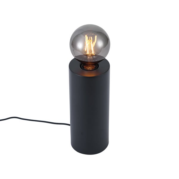 Tischleuchte mit schwarzem zylindrischem Metallfuß und einer Globe-Filamentlampe aus Rauchglas.